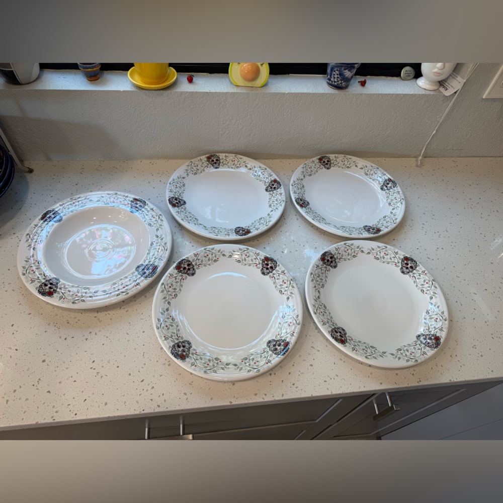 Fiesta White Dinner Plates and bowl server, skull and vine sugar